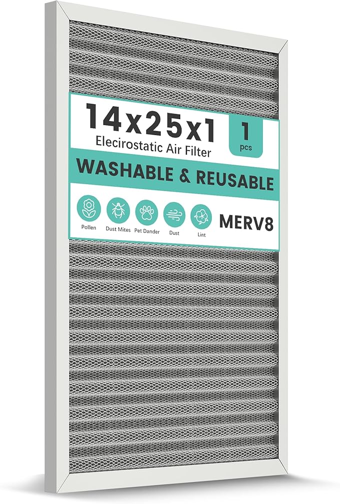 14x25x1 HVAC Furnace Air Filter, Lasts a Lifetime, Washable Reusable, Electrostatic Air Filter The Last Time You Buy, Breathe Safely at Home or Office, Merv 8