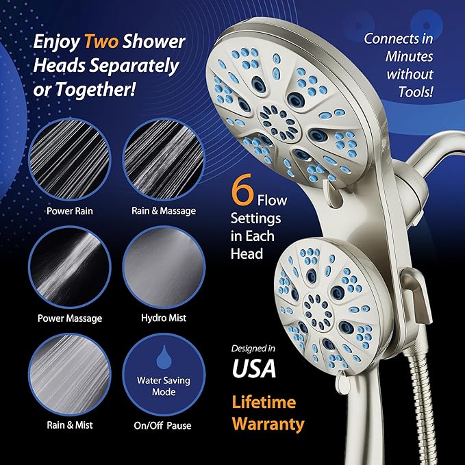 AquaCare Magneton High-Pressure 48-mode Luxury 3-way Combo System with Magnetic Guidance Docking, Giant Rain & Handheld Shower Head, Hygienic Jets and 6 ft. Stainless Steel Hose, Satin Nickel