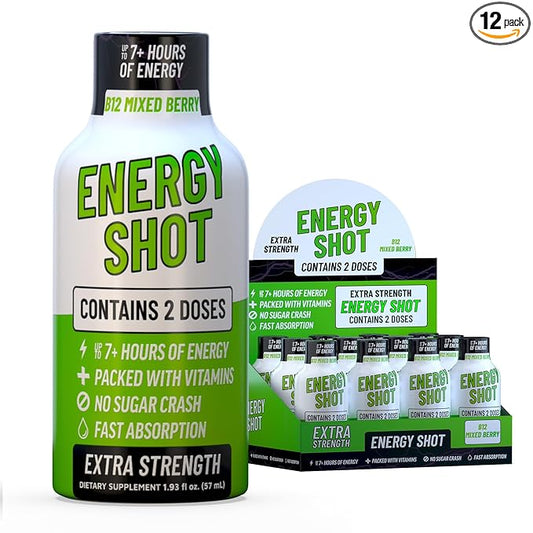 Mixed Berry Extra Strength Energy Shot 12 pk – 260mg Natural Caffeine B12 B6 – Energy & Focus Support – 2 Servings Sugar Free Zero Calorie Green Tea B-Vitamins Electrolytes Vegan – 1.93 fl oz