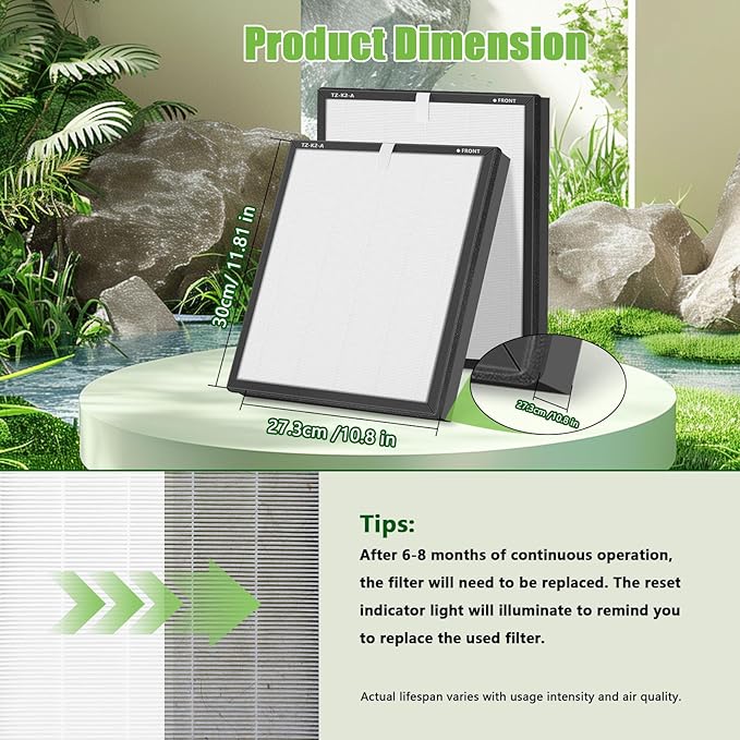 TZ-K2 Replacement Filter Compatible with ToLife TZ-K2 Air Purifier, 3-in-1 Ture H13 HEPA High-Efficiency Activated Carbon TZ-K2-A Filter for Home Large Room, 2 Pack