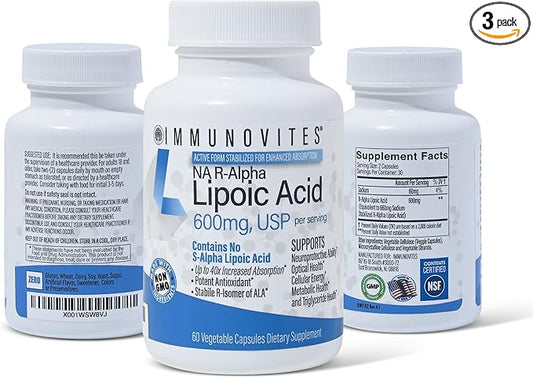 3-Pack Stabilized R-Alpha Lipoic Acid ((True)) 600mg per Serving [[High Potency & up to 40x Increased Absorption]] (Na R-ALA) (Na R-LA) (Na R-Lipoate) (3 Bottles)
