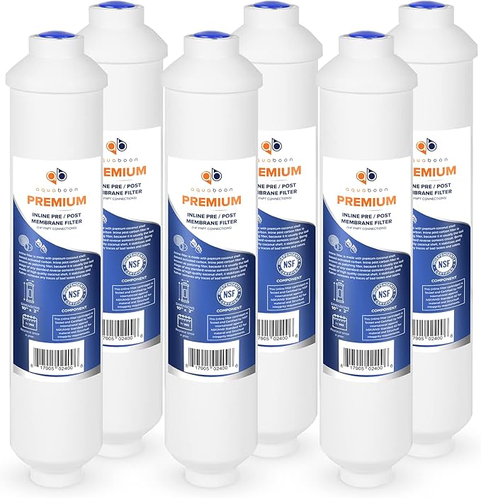 Aquaboon T33 Inline Carbon Filter - 1/4 Inline Water Filter for Refrigerator T33 Inline Ro Post/Granular Activated Carbon (GAC) Polishing Water Filter Cartridge for Reverse Osmosis System 6-Pack