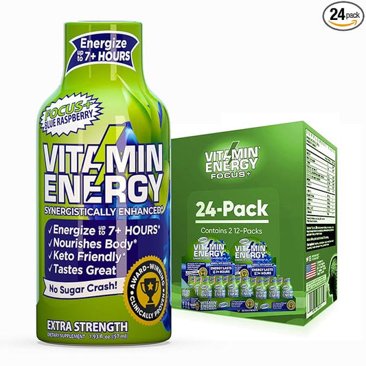 Vitamin Energy Focus+ Extra Strength Energy Shot Blue Raspberry 24 Pack, 260mg Natural Caffeine, B-Vitamins, CoQ10, Amino Acids, Focus, Productivity & Clarity, Zero Sugar, Gluten-Free, 1.93 fl oz
