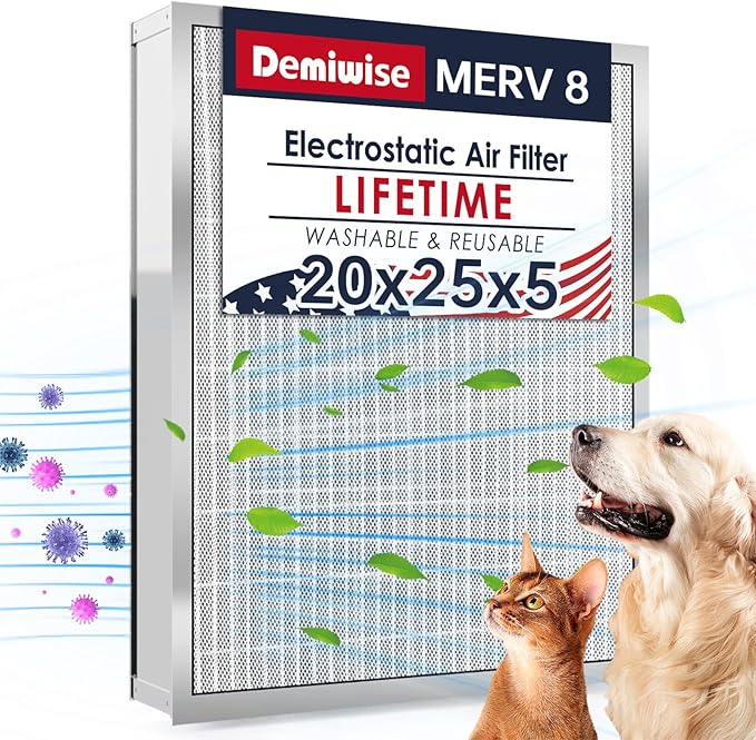 20x25x5 Washable Electrostatic Air Filter, MERV 8 Aluminum AC/HVAC Furnace Filter, Reusable Permanent Air Filter, Lasts a Lifetime, Increases Airflow（Actual Size:19.76"x24.72"x4.33")