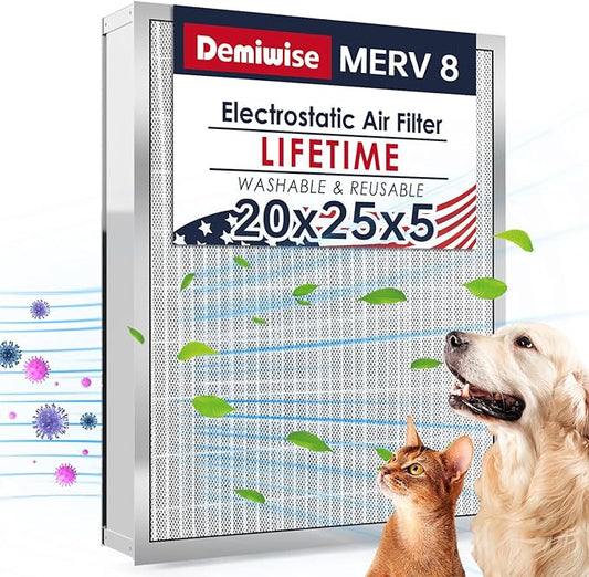 20x25x5 Washable Electrostatic Air Filter, MERV 8 Aluminum AC/HVAC Furnace Filter, Reusable Permanent Air Filter, Lasts a Lifetime, Increases Airflow（Actual Size:19.76"x24.72"x4.33")
