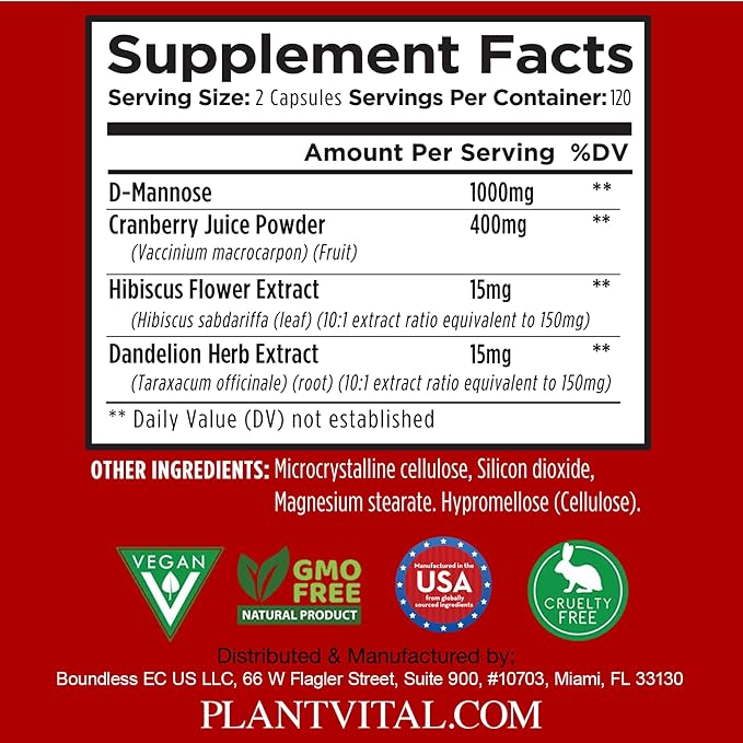 Plantvital D Mannose Capsules with Cranberry - D-mannose 1000mg Capsules - High Potency for Bladder, Kidney and Urinary Tract Support. Cranberry Powder with Hibiscus and Dandelion.4 Months Supply