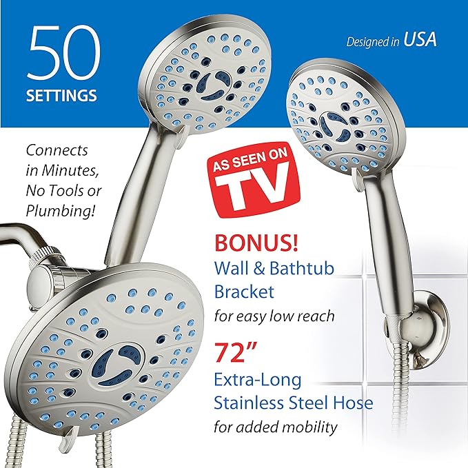 Hotel Spa AquaCare As-Seen-On-TV High Pressure 50-mode Rain & Handheld 3-way Shower Head Combo - Anti-clog Nozzles/Tub, Tile & Pet Power Wash/Extra Long 6 ft. Stainless Steel Hose/Nickel Finish