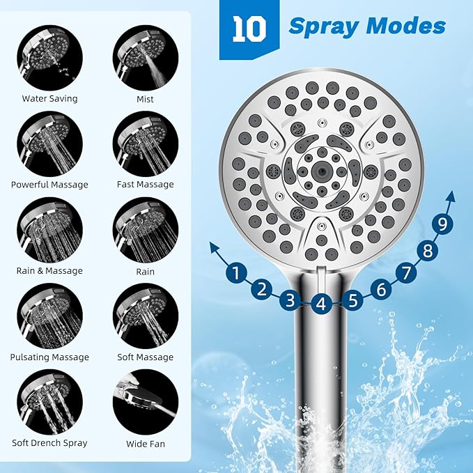 Hibbent Upgraded All Metal 12" Rainfall Showerhead Combo, High Pressure Shower Head with 10-Spray Mode Handheld, 4-way Diverter with Pause Mode, 71'' Shower Hose and Handheld Holder, Chrome