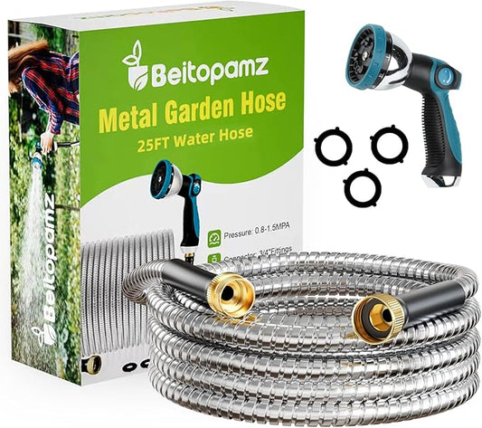 Garden Hose 25 ft, Stainless Steel Metal Water Hose 25 Feet with Nozzle, Flexible, Rust Proof, No-Kink, Heavy Duty, Leakproof 3/4 in Fittings, Lightweight Metal Hose, BT25S Model