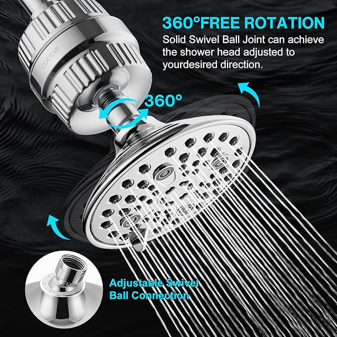 Cobbe 6-Setting High Pressure Filtered Shower Head Combo, Detachable Rain Shower Head with 20 Stage Shower Head Filter for Hard Water - Remove Chlorine and Harmful Substances, Chrome