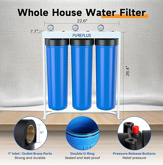 PUREPLUS 20-Inch 3-Stage Whole House Water Filter, Home Filtration System | Pleated Pre-Filter, Activated Carbon & Iron-Manganese Reducing | Built-in Pressure Gauges, with Steel Stand Frame