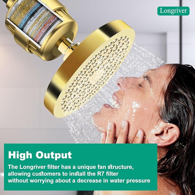 R7 Shower Filter High Put Shower Water Filter for Hard Water 99.99% Remove Chlorine, Shower Water Softener, Improve your skin and hair, Bathroom Fixture Hardware Parts, Brushed Gold, 2 Pack
