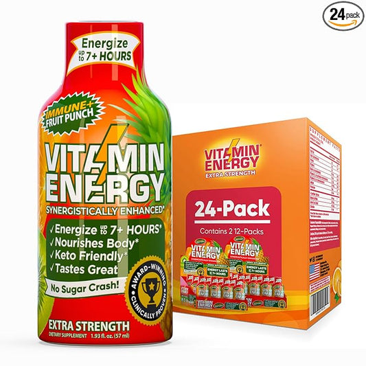 Vitamin Energy Immune+ Extra Strength Energy Shot Fruit Punch 24 Pack, 260mg Natural Caffeine, B-Vitamins, Citicoline, Green Tea, Immunity & Focus Support, Zero Sugar, Gluten-Free 1.93 fl oz