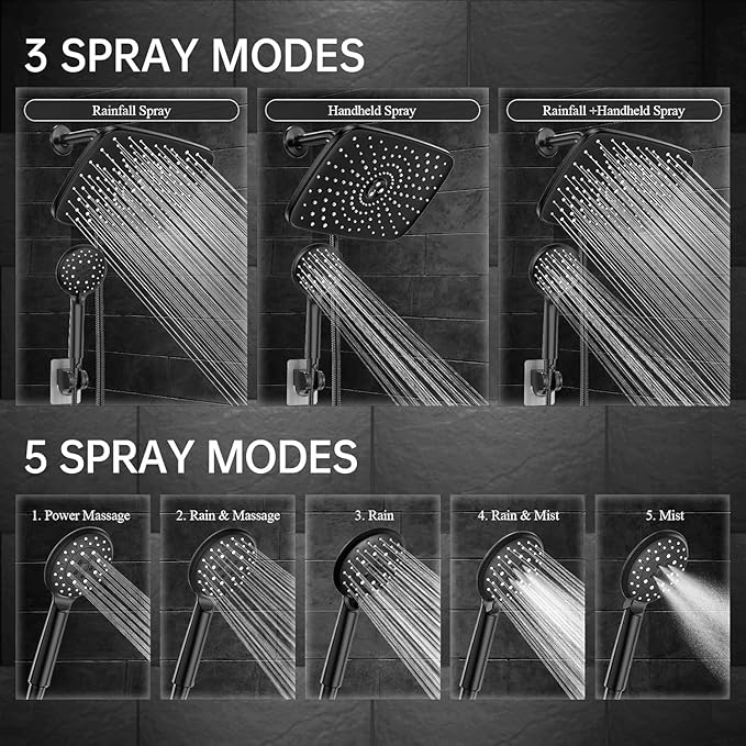 Veken 11.8 Inch Rectangle Rain Shower Head - Shower Heads with 6 Modes Handheld Spray Combo - Wide Rainfall shower with 70" Hose - 1.8gpm Dual Showerhead with Anti-Clog Nozzles - Matte Black