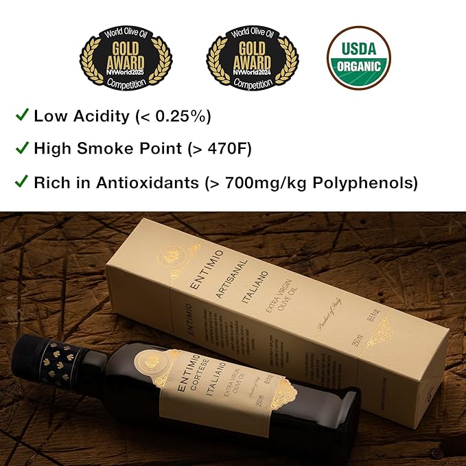 Entimio Cortese +700 mg/kg Polyphenol Rich Organic Extra Virgin Olive Oil, New 2024-2025 Early Harvest Italian Olive Oil from Tuscany, Italy, 2025 Gold Winner, Cold Extracted, Lab Tested - 8.5 fl oz