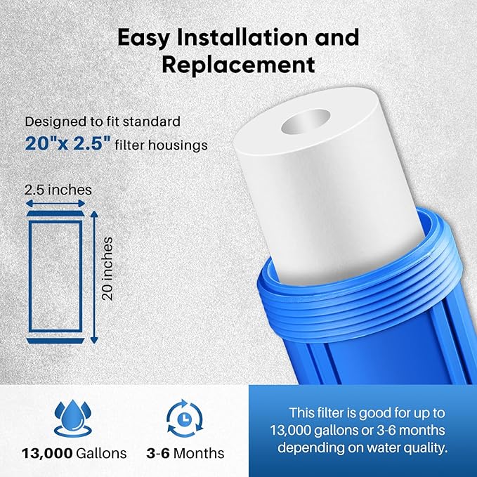 PUREPLUS 20 Micron 20" x 2.5" Whole House Sediment Home Water Filter, 20-inch Sediment Pre-Filtration, Replacement Cartridge Aqua Pure AP110-2C, Pentek P1-20/SP-P1-20/PX01-20, Watts FPMB5-20, 6PACK