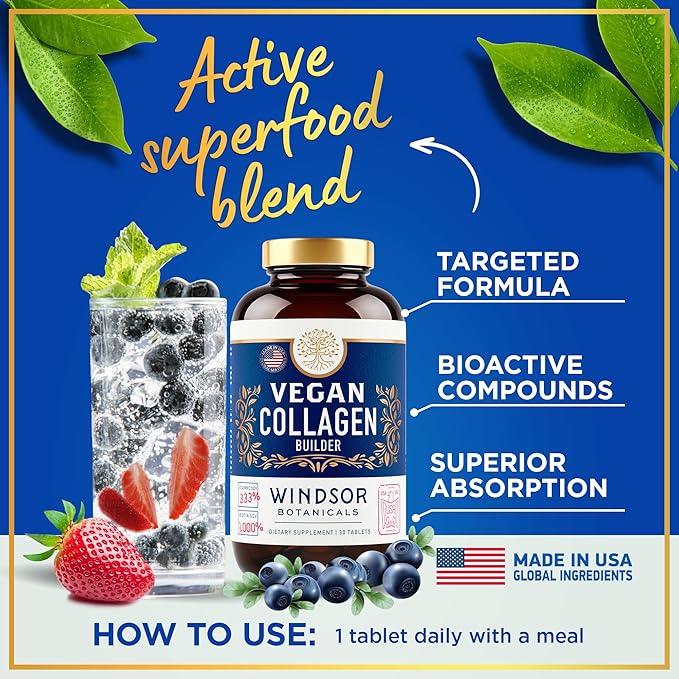 Vegan Collagen for Women and Men - Organic Superfood, Amino Acids Glycine, Lysine, Proline for Healthy Skin, Hair, Nails - Plant-Based Collagen Booster Supplements - 60 Gluten-Free Vegetarian Pills
