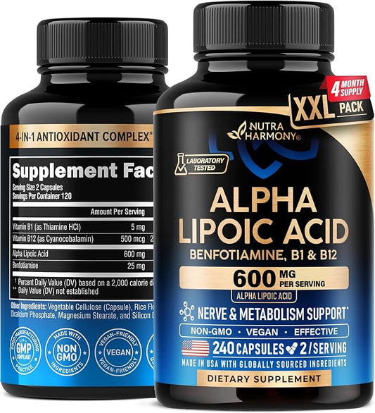 Alpha Lipoic Acid 600mg - ALA Supplement Antioxidant for Nerve, Energy & Metabolism Support - Extra Strength with Benfotiamine, Vitamins B1 & B12 - Lab Tested, Non-GMO & Vegan - 240 Capsules