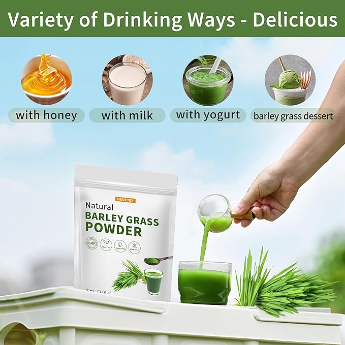 Barley Grass Juice Powder ，Rich in Chlorophyll & Natural Nutrients, Barley Grass Powder - Resealable Bag, Vegan, Non-GMO, Gluten-Free, Sugar-Free，8 oz