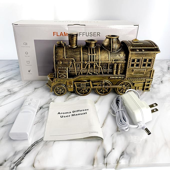 OMEO Gold Small Train Aromatherapy Humidifier & Essential Oil Diffuser - Dual Mist, Quiet Ultrasonic, 300ML Tank, Remote Control, LED Light, Air Purifier for Home, Office, and Bedroom Use