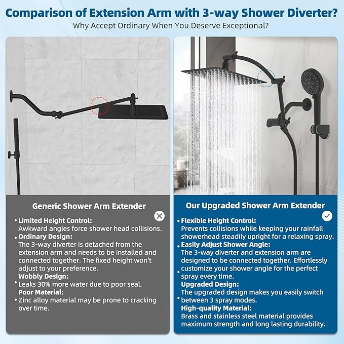 Hibbent All Metal Shower Head, 10'' High Pressure Rain Shower Head/Handheld Showerhead Combo with 16'' Adjustable Extension Arm, 10 Sprays, 71'' Hose, Adhesive Showerhead Holder, Matte Black