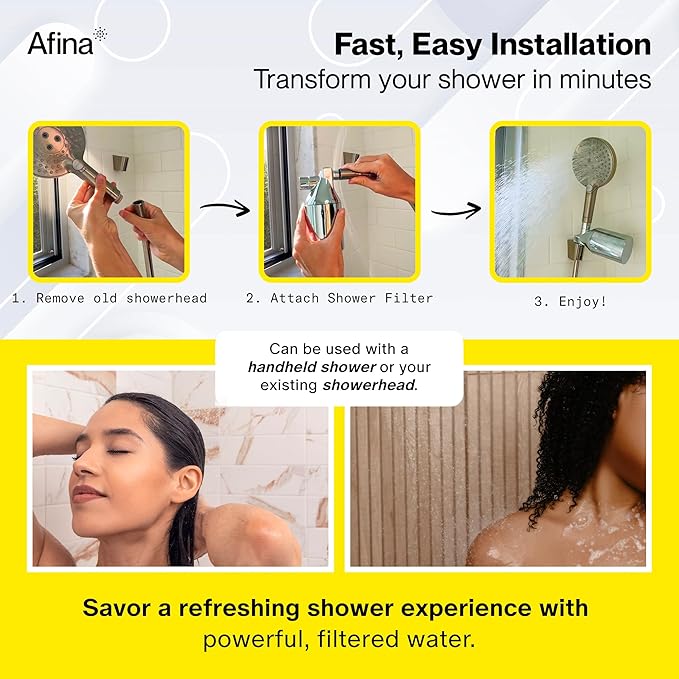 Afina Shower Head Filter - Shower Filter for Hard Water | High Pressure Shower Water Filter - Improves Skin & Hair by Removing Chlorine & Heavy Metals, Transform Your Shower Head with Filters (Black)