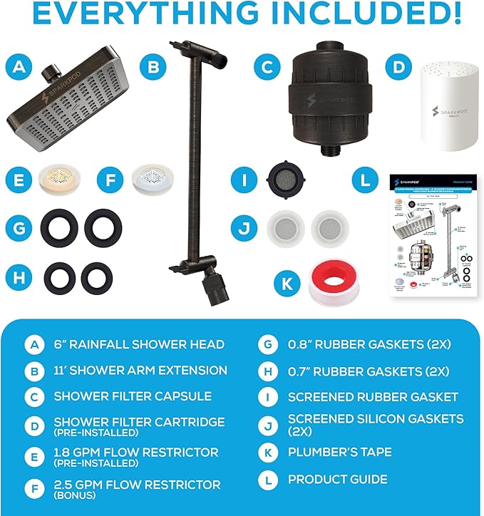 SparkPod 6" High Pressure Rain Shower Head with 23 Stage Filter Capsule & 11 Inch Adjustable Shower Arm Extension - Shower Filter Reduces Chlorine for Smoother Hair & Skin (Square, Oil-Rubbed Bronze)
