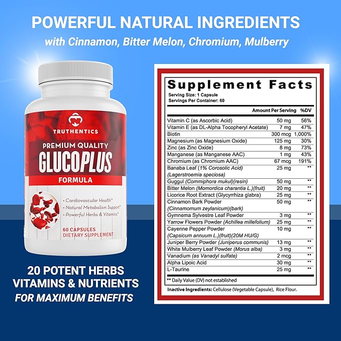 TRUTHENTICS GlucoPlus - 20 Herbs, Vitamins & Minerals with Cinnamon, Chromium, Vanadium, Bitter Melon, Alpha Lipoic Acid, Magnesium - Gluten Free, Non-GMO - 60 Capsules