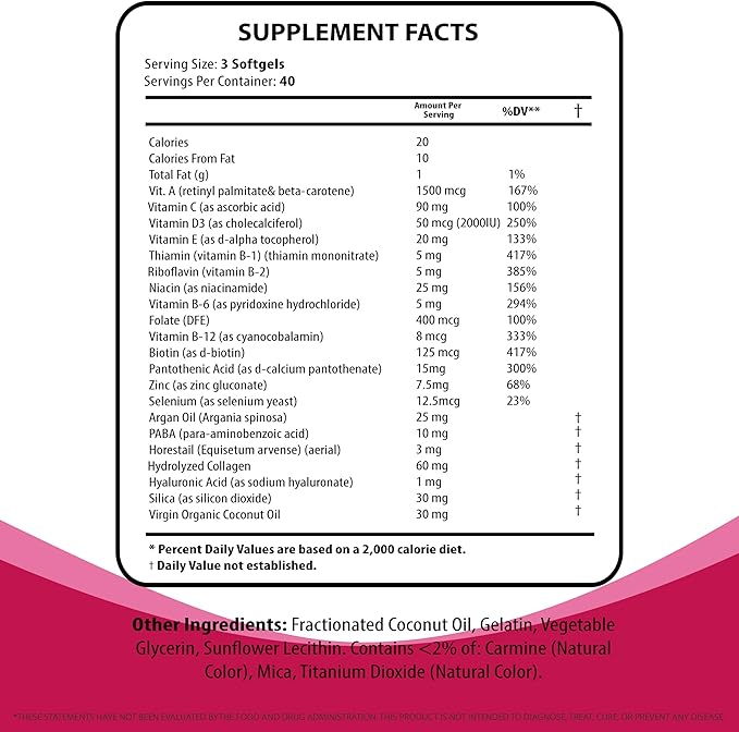 Hair Skin and Nail Vitamins–Biotin & Collagen Formula with B Vitamins, Zinc & Selenium – Promotes Hair Strength, Skin Hydration & Nail Health – 120 Softgels