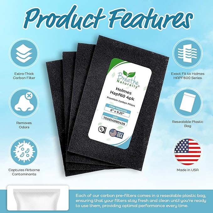 Breathe Naturally - Hapf600 HEPA Carbon Filter Replacement for Holmes Air Purifiers - High Efficiency Carbon Air Cleaner Filters - Compatible with Holmes HAPF600 Series - (4 Pack Carbon Filter C)