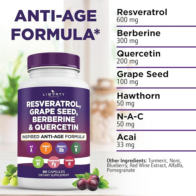 Resveratrol, Berberine, Grape Seed Extract, Quercetin, Polyphenol Supplement for Women and Men with Noni Extract, N-Acetyl Cysteine, Acai Extract - 2-Pack