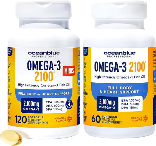 Oceanblue Omega-3 2100 Advanced Duo – Triple Strength Fish Oil with EPA, DHA, DPA – 120ct Minis + 60ct Softgels – Heart & Brain Support – Orange Flavor 2 Pack