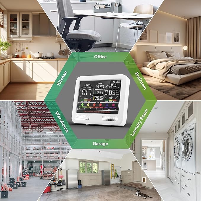 16-in-1 Air Quality Monitor Indoor with 7AQI Beep Alarm, CO2 Monitor, Air Quality Detector with PM1.0 | PM2.5 | PM10 | Temp | HUM | Formaldehyde | VOC Tester for Home Office Plant (White)