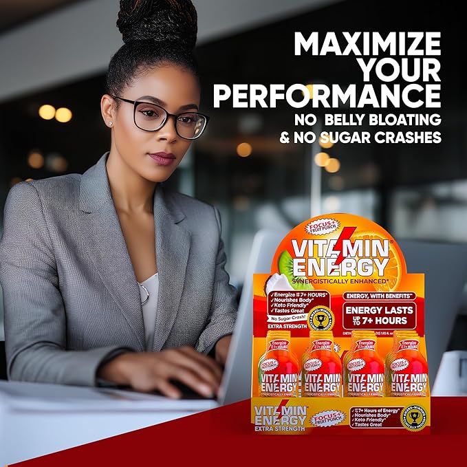 Vitamin Energy Focus+ Extra Strength Energy Shot Fruit Punch 12 Pack, 260mg Natural Caffeine, B-Vitamins, CoQ10, Amino Acids, Focus, Productivity & Clarity, Zero Sugar, Gluten-Free, 1.93 fl oz