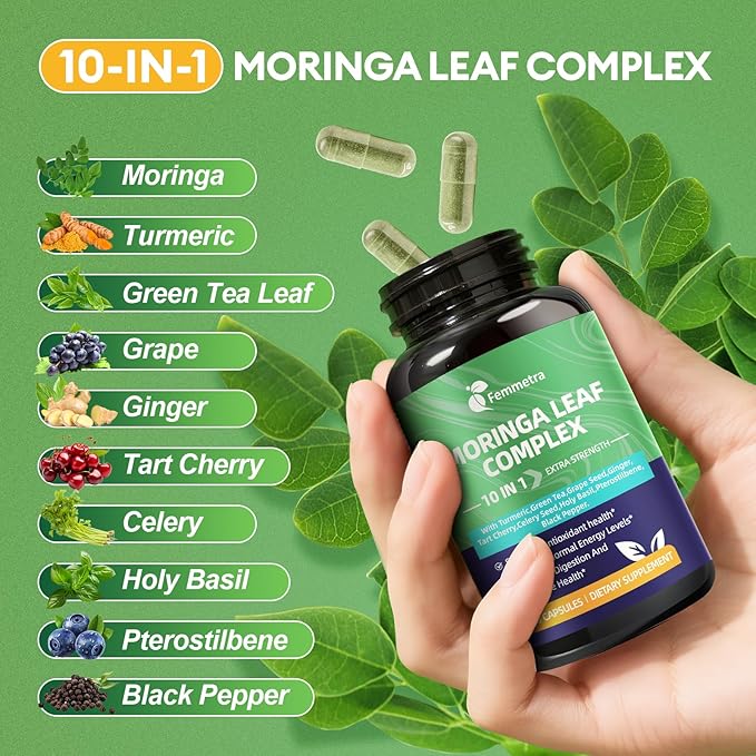 Moringa Turmeric Capsules, Femmetra 10-in-1 Moringa Leaf Complex, Energy, Skin, Immune & Gut Health Superfood, Rich in Antioxidants, Vitamins & Amino Acids with EGCG Grape Ginger Basil Extract, 60 Day