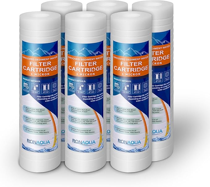 Grooved Sediment Water Filter Cartridge by Ronaqua 10"x 2.5", Four Layers of Filtration, Removes Sand, Dirt, Silt, Rust, made from Polypropylene (6 Pack, 1 Micron)