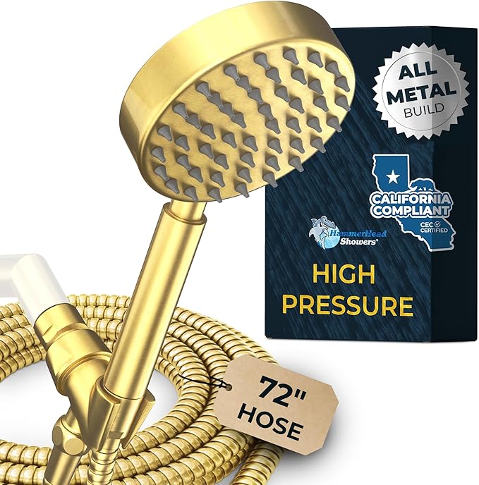 HammerHead Showers® Solid Metal LOW FLOW Handheld Shower Head with Hose and Brass Holder - BRUSHED GOLD – Water Saving 1.75 GPM Detachable Shower Head - Adjustable Shower Wand Bracket & 6ft Hose