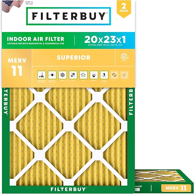 Filterbuy 20x23x1 Air Filter MERV 11 (MPR 1200) Allergen Defense Replacement (2-Pack), Electrostatic Pleated HVAC AC Furnace Filters, Made in USA (Actual Size: 19.50 x 22.50 x 0.75)