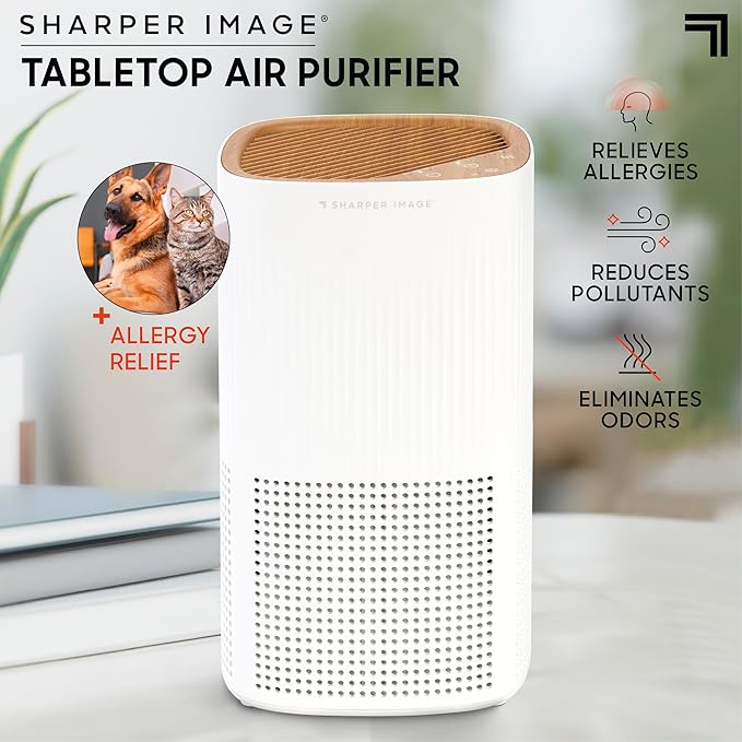 Sharper Image® Tabletop Air Purifier – 2 HEPA Filters & 13 Aromatherapy Pads| Quiet 3-Stage Filtration| 5 Air Changes Per Hour| Remove Dust Allergens Pollen Smoke Pet Fur| Home Office Odor Eliminator