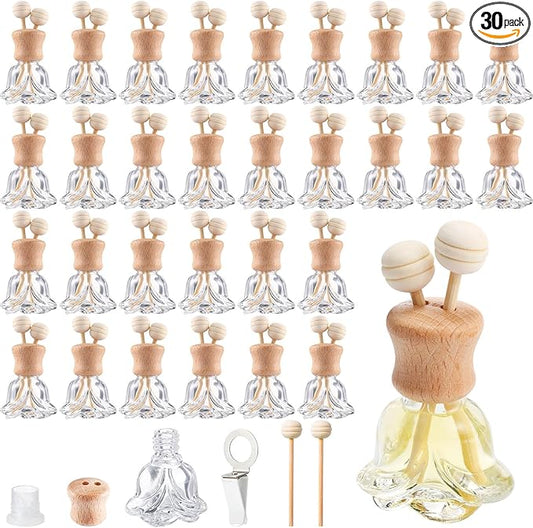 Zubebe 30 Pack Car Air Freshener Diffuser with Vent Clip Empty Car Diffuser Bottles for Essential Oil Perfume Glass Bottle with Wooden Caps Stick(Flower)