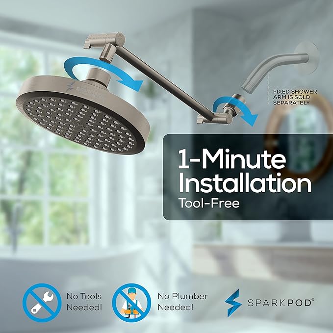 SparkPod Round Rain Shower Head with Extension Arm - Height Adjustable Shower Head with High Pressure Performance - Easy 1-Minute Installation (11" Arm Extension, Elegant Brushed Nickel)