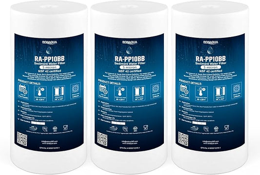 Ronaqua 10" x 4.5" Big Sediment Replacement Water Filter Cartridge, 5 Micron, NSF Certified, for Whole House, Compatible with RFC-BBSA, W15-PR, WFHD13001B, GXWH35F, HF45-10BLBK10PR and AP817, 3 Pack
