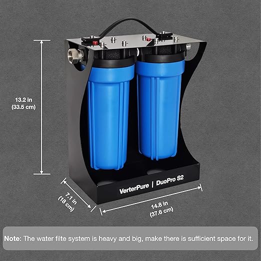 DuoPro S2 External 2-Stage RV Fresh Water Filter System, High Flow, NSF Housings, 3/4" GHT Stainless Steel Fittings, Reduce Sediment, Chlorine, Odor, Heavy Duty Free-Standing Chassis, Blue