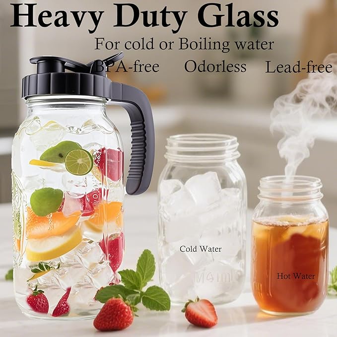 Glass Mason Jar Pitcher With Lid 2 Quart Sun Tea Glass Pitcher 64 Oz Wide Mouth Half Gallon Hot Cold Water Coffee Jug Carafe For Fridge Lemonade, Beverage,Milk,Juice, Cold Brew Tea Container