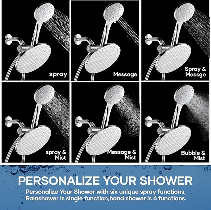 8.6 inch High Pressure 3-Way Shower Heads Combo, Pulsating Rainfall Shower Head, 6-Settings Dual Shower Head with Handheld Hose 6ft Chrome