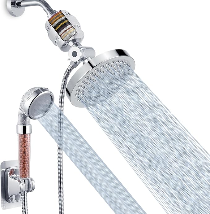 Voolan Filtered Shower Head Set, High Pressure Rain Shower with Handheld Showerhead Combo, Self-adhesive Holder/59" Hose, 20 Stage Filter Removes Chlorine and Harmful Substances (Round, Chrome)
