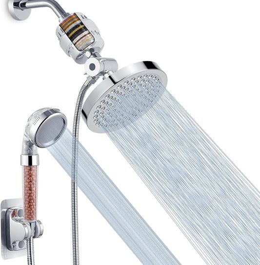 Voolan Filtered Shower Head Set, High Pressure Rain Shower with Handheld Showerhead Combo, Self-adhesive Holder/59" Hose, 20 Stage Filter Removes Chlorine and Harmful Substances (Round, Chrome)