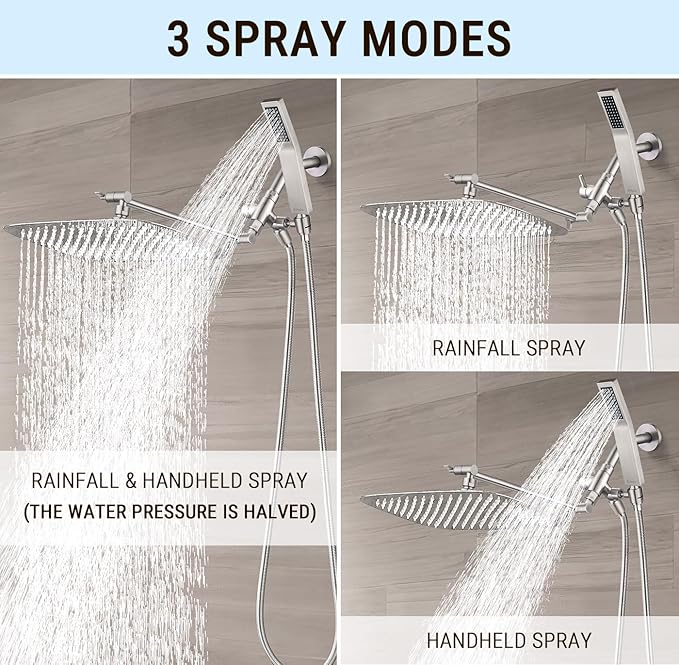 G-Promise All Metal 14 Inch Dual Square Shower Head with Handheld Spray Combo, Rain Shower Head, Adjustable Extension Arm, 3-Way Diverter, 71 Inch Extra Long Hose - A Bathroom Upgrade(Brushed Nickel)