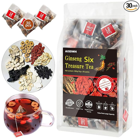 kidney tea formula ginseng six treasure tea，Traditional Chinese Herbal Medicine Ginseng tea bag, Nine natural ingredients，Organic Kidney Cleanse Detox Tea，for Men & Women,(30 Bags/1 Pack)