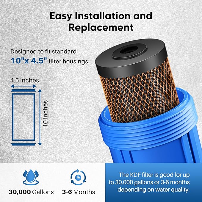 PUREPLUS 5 Micron 10" x 4.5" Whole House Coconut Shell Activated Carbon and KDF Water Filter, Heavy Metal Removal Replacement Water Filter, Compatible with GXWH40L, GXWH35F, BB10, CTO10BB-KDF, 2 PACK